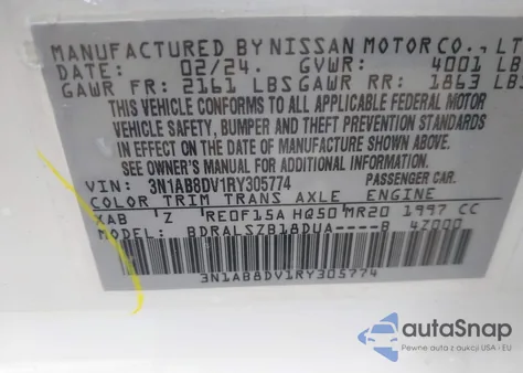 2024 Nissan Sentra Sr из США, поврежденный, VIN 3N1AB8DV1RY305774